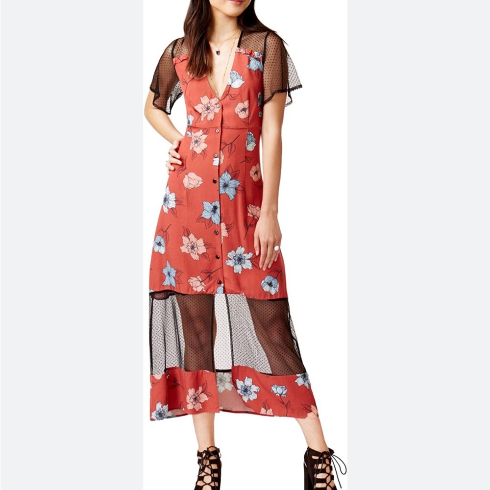 MINKPINK floral button up dress Swiss dot panels